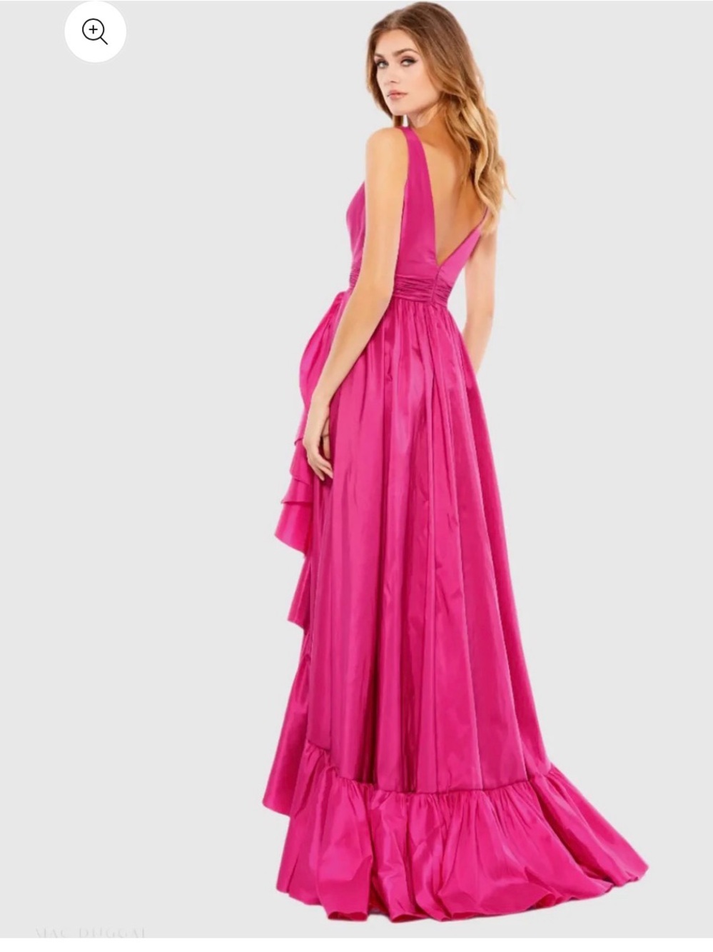 Mac Duggal Vibrant Fuchsia High-Low Ruffle V-Neck Gown - Picture 3 of 4